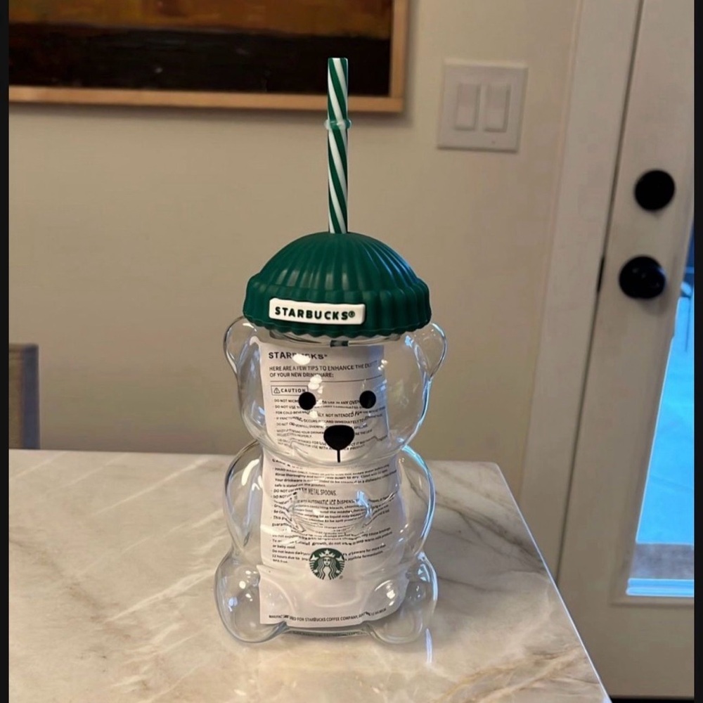 Starbucks Clear Bear Tumbler with Green Lid and Striped Straw